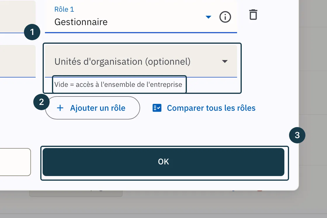 Écran « Utilisateurs » : le choix des unités et le bouton « OK » de la fenêtre