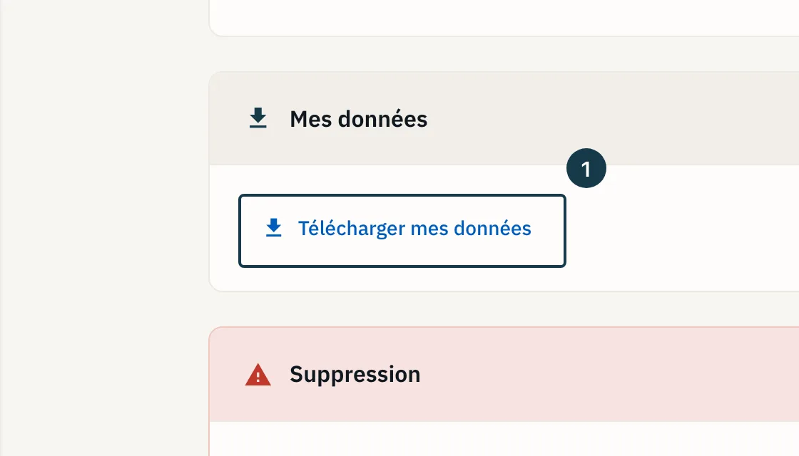 Écran « Compte » : la section « Mes données » et son bouton