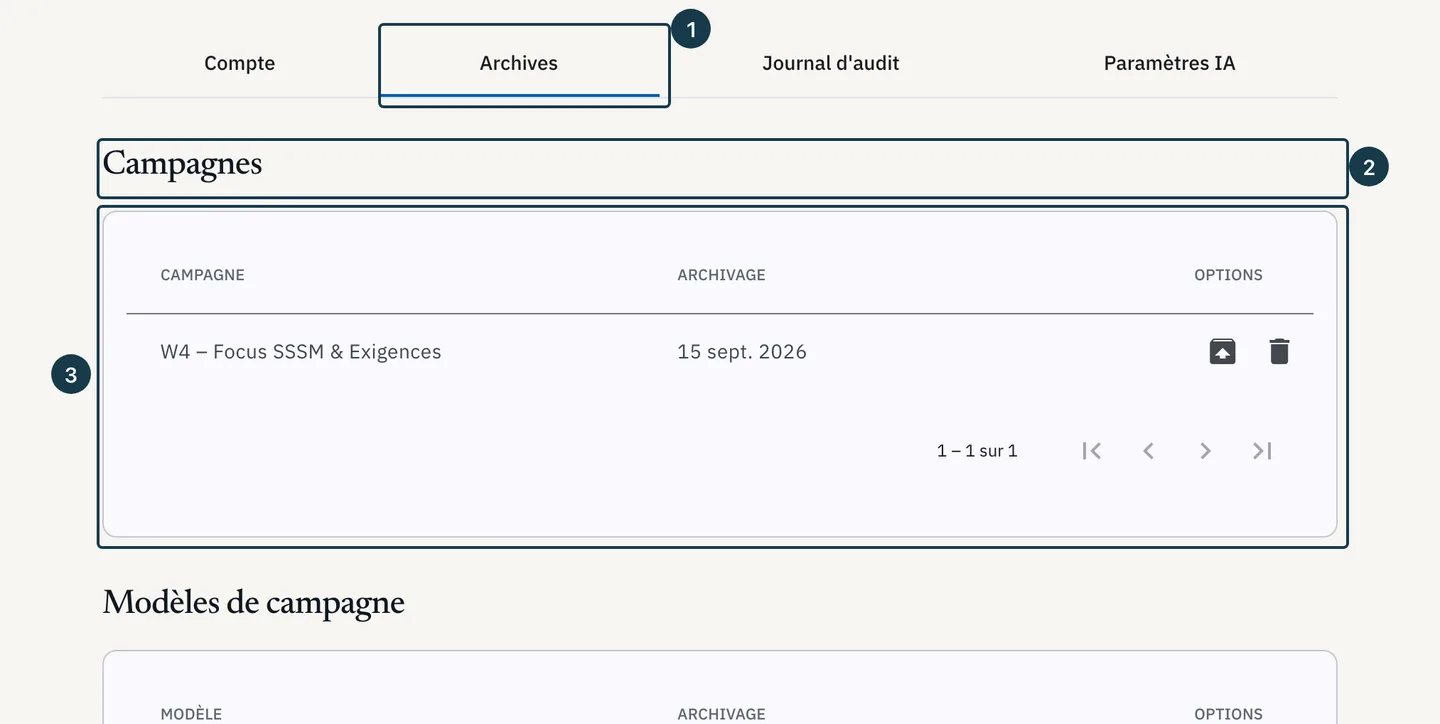 Écran « Archives » : l'onglet ouvert et le premier tableau