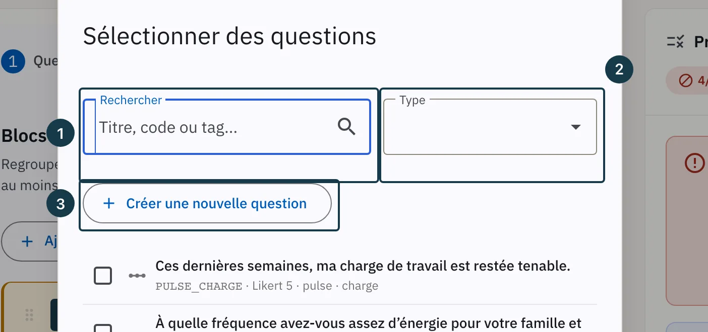 Écran d'un modèle de campagne : la fenêtre « Sélectionner des questions » et ses filtres