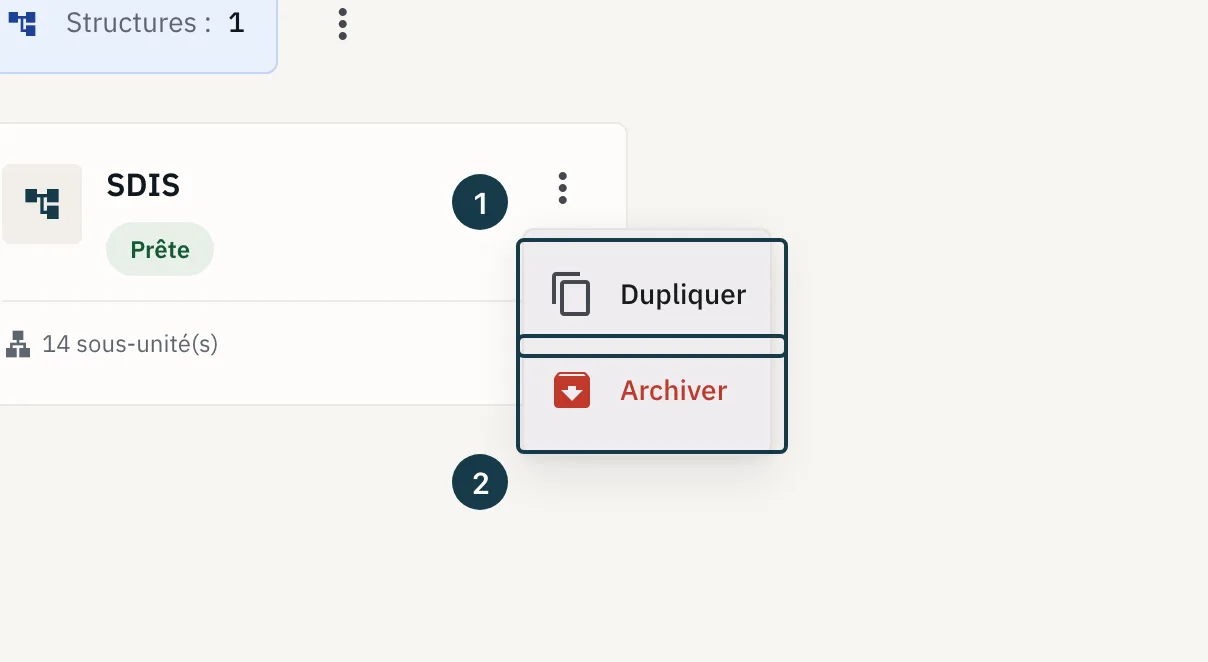 Écran « Structures » : le menu d'une carte, ouvert sur ses actions