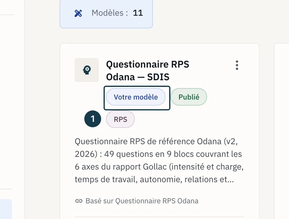 Écran « Modèles de campagne » : le badge « Votre modèle » sur une carte