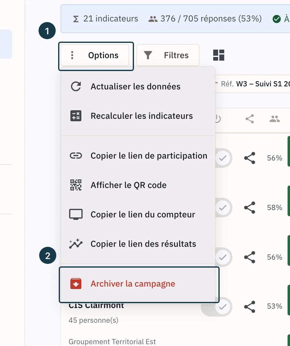 Écran d'une campagne&nbsp;: le menu «&nbsp;Options&nbsp;» et son entrée d'archivage
