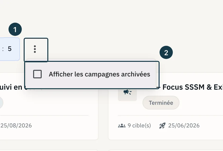 Écran «&nbsp;Campagnes&nbsp;»&nbsp;: le menu d'affichage et son entrée d'affichage des archives