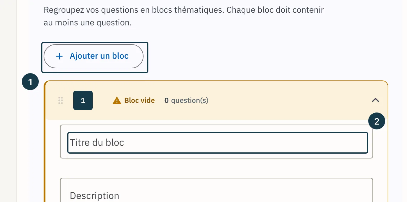 Écran d'un modèle de campagne : le bouton « Ajouter un bloc » et le bloc ouvert