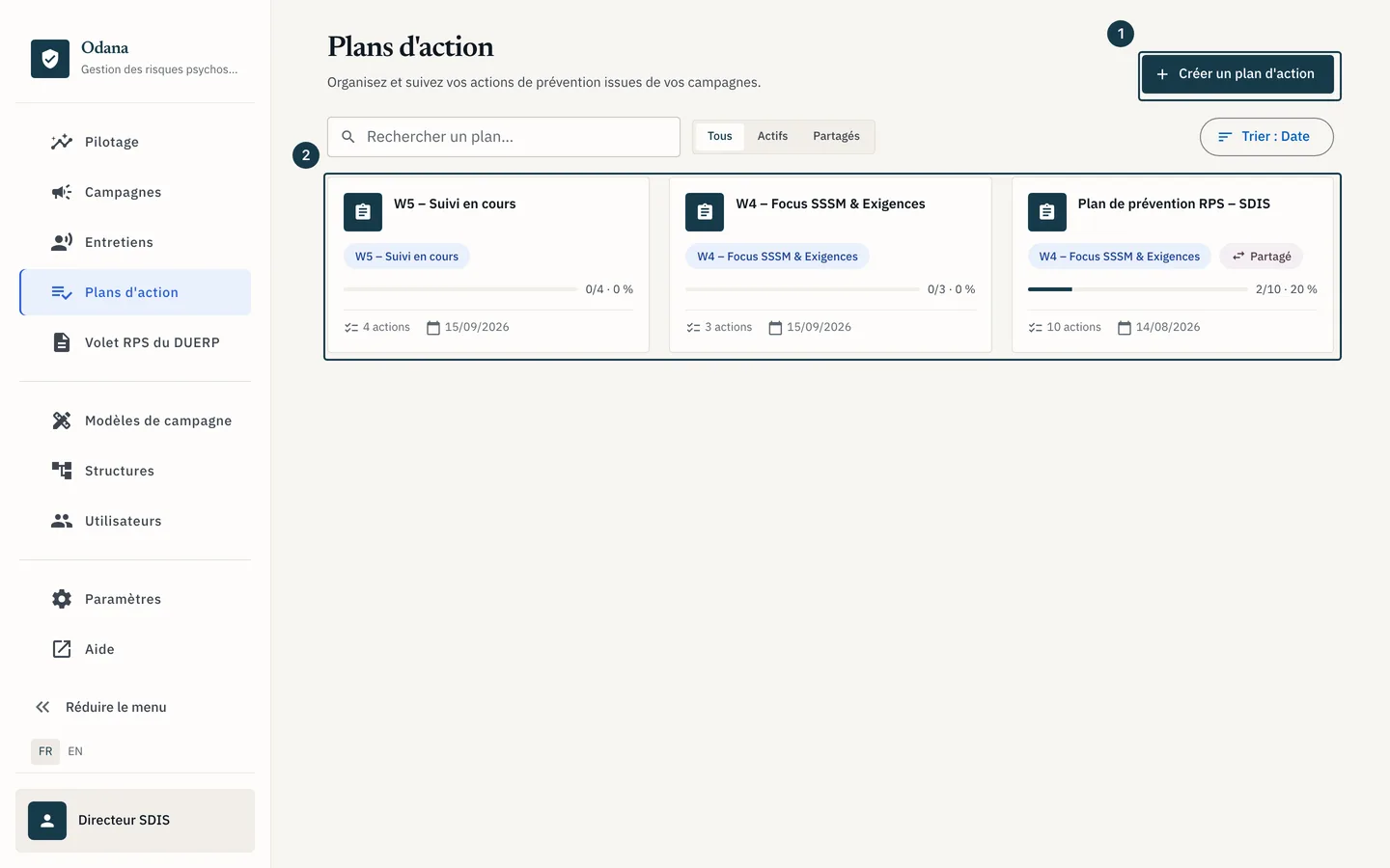 Écran « Plans d'action » : le bouton de création au-dessus des plans existants