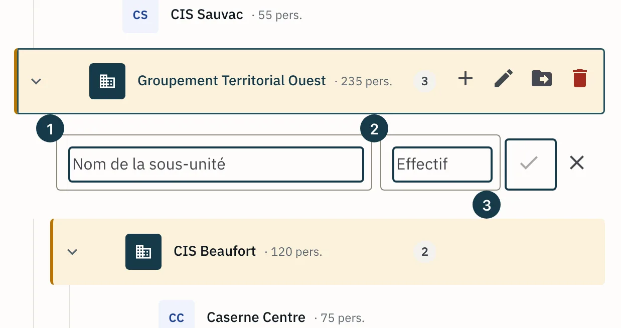 Écran d'une structure : le formulaire d'ajout d'une sous-unité sous l'unité choisie