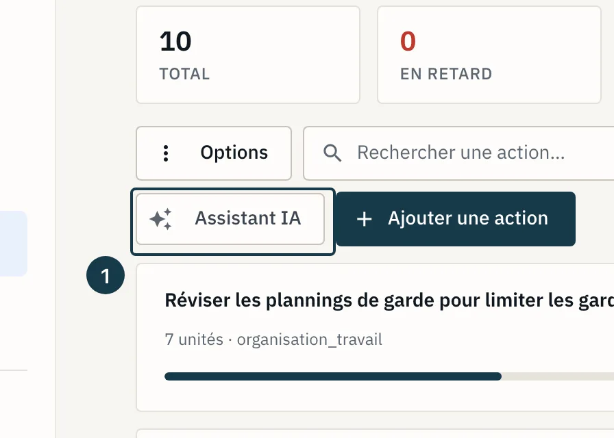 Écran d'un plan d'action : le bouton « Assistant IA » dans la barre du haut