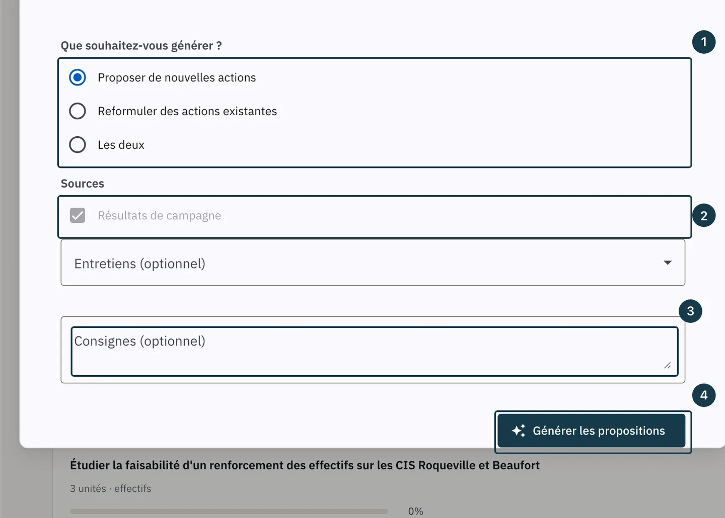 Écran d'un plan d'action : la fenêtre « Assistant IA » à l'étape « Options »