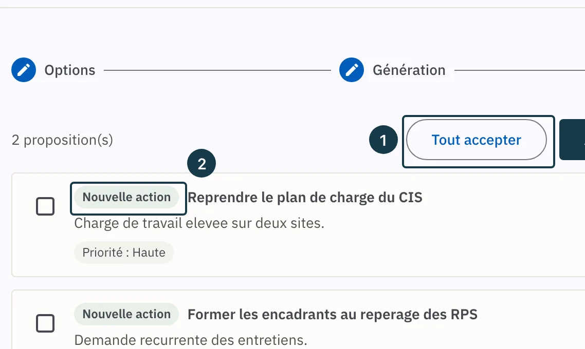 Écran d'un plan d'action : la liste des propositions et leurs étiquettes