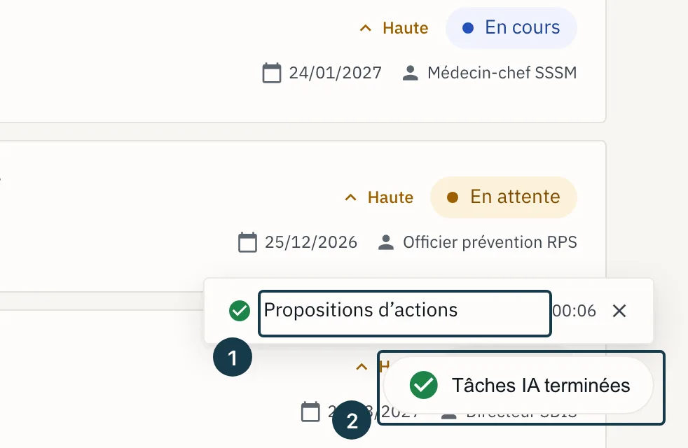 Écran d'un plan d'action : la pastille de tâches dépliée sur sa ligne