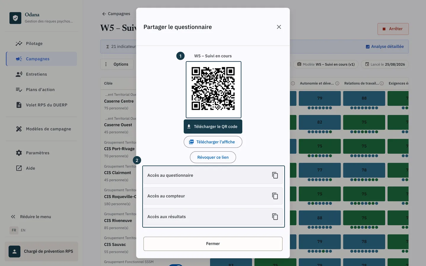 Écran d'une campagne : la fenêtre « Partager le questionnaire » et son QR code