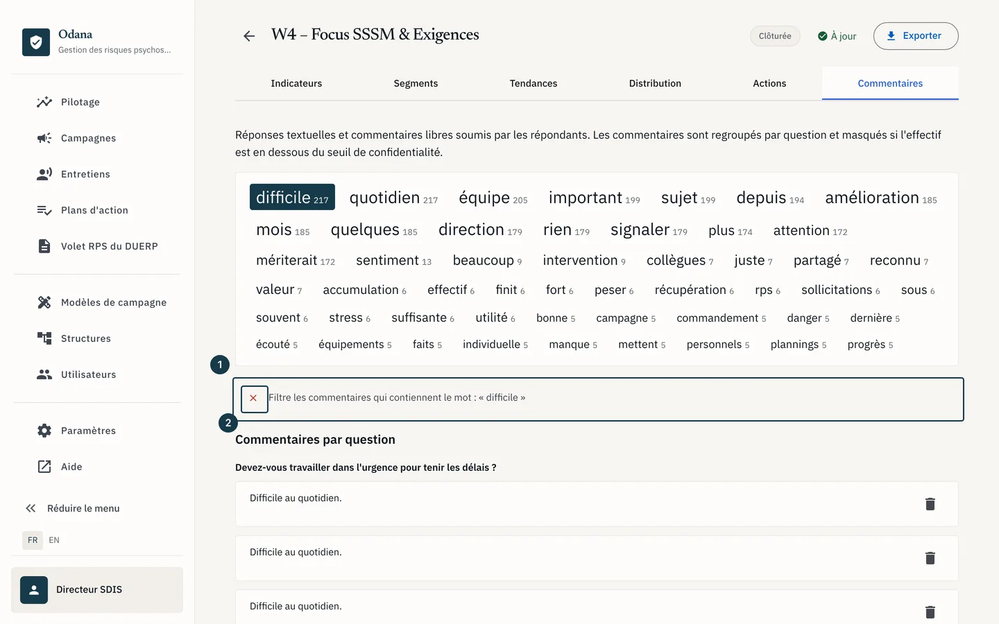 Écran des résultats : la bande de filtre et la liste réduite