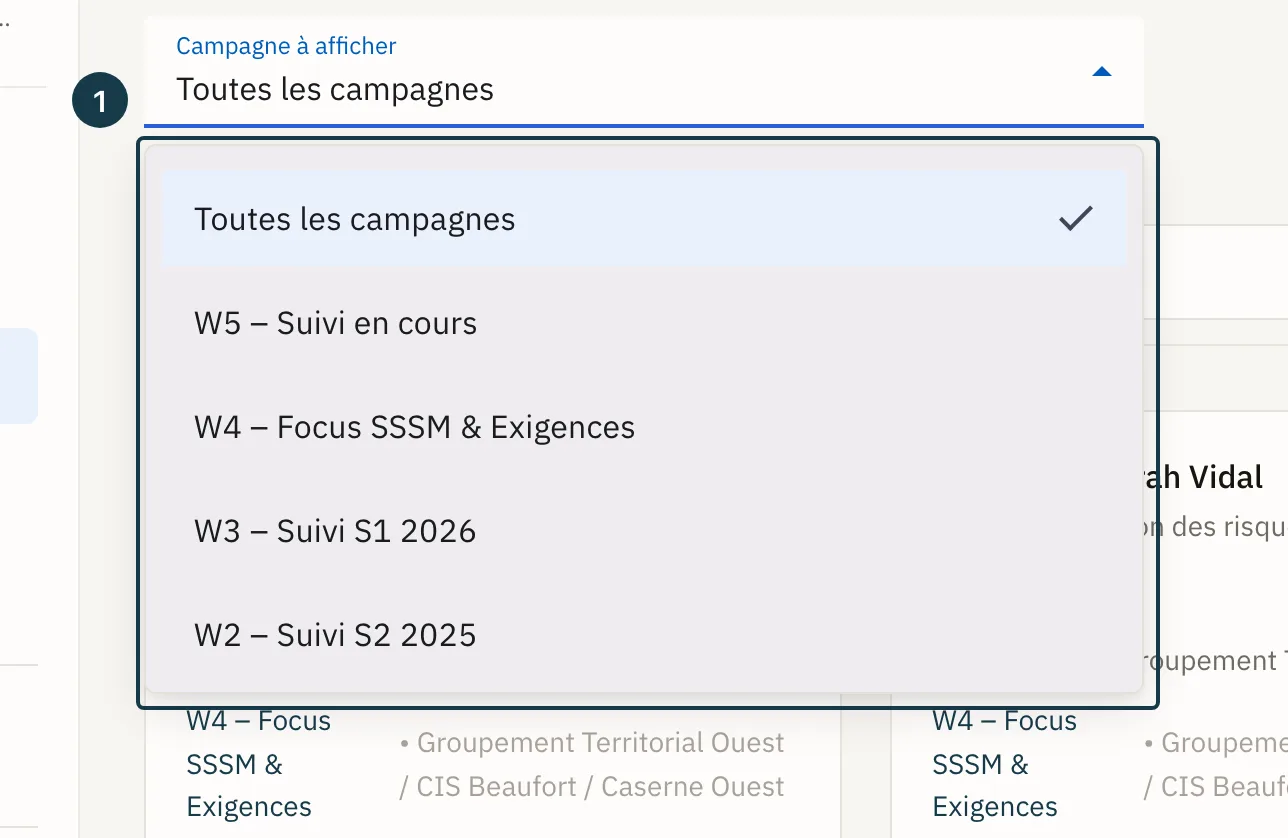 Écran «&nbsp;Entretiens&nbsp;»&nbsp;: le filtre «&nbsp;Campagne à afficher&nbsp;» ouvert sur ses options