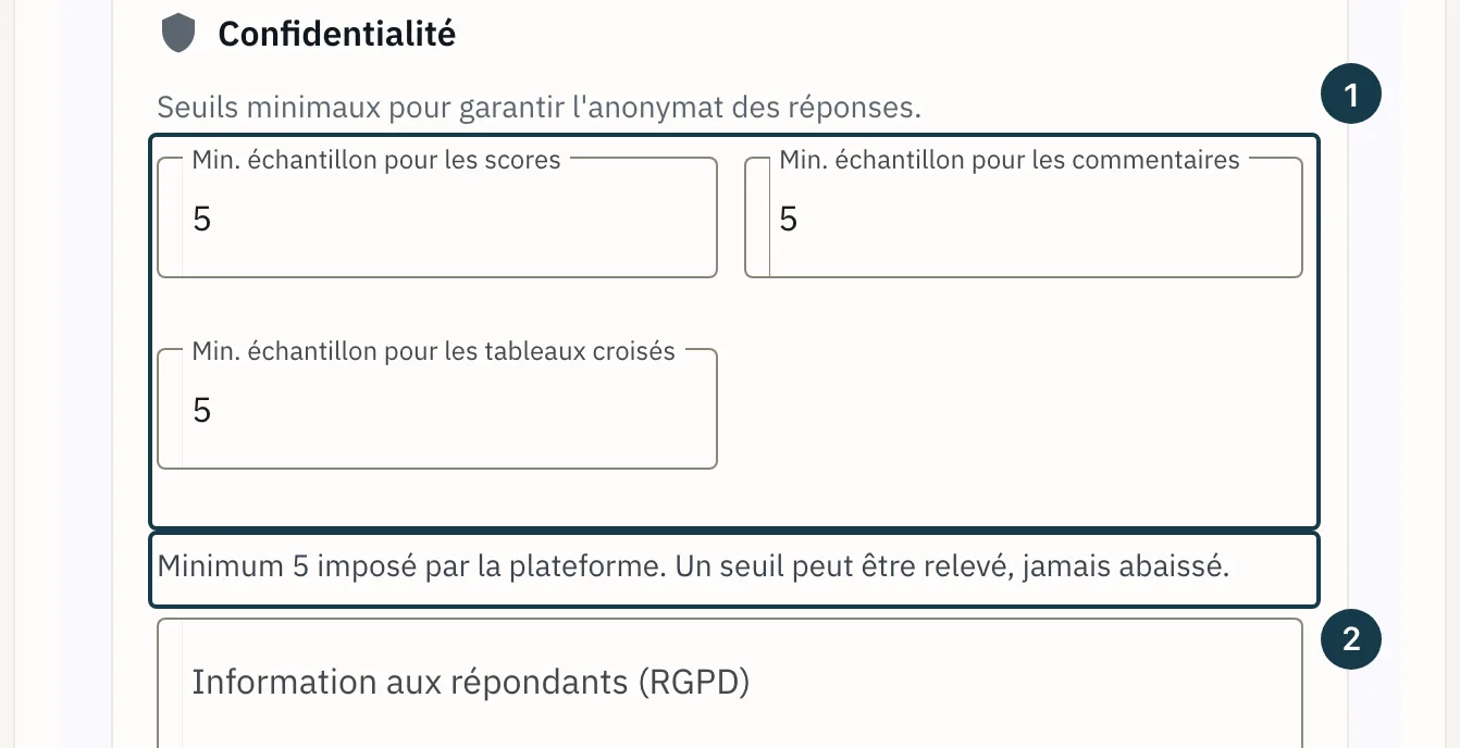 Écran d'un modèle de campagne : les trois champs de la section « Confidentialité »