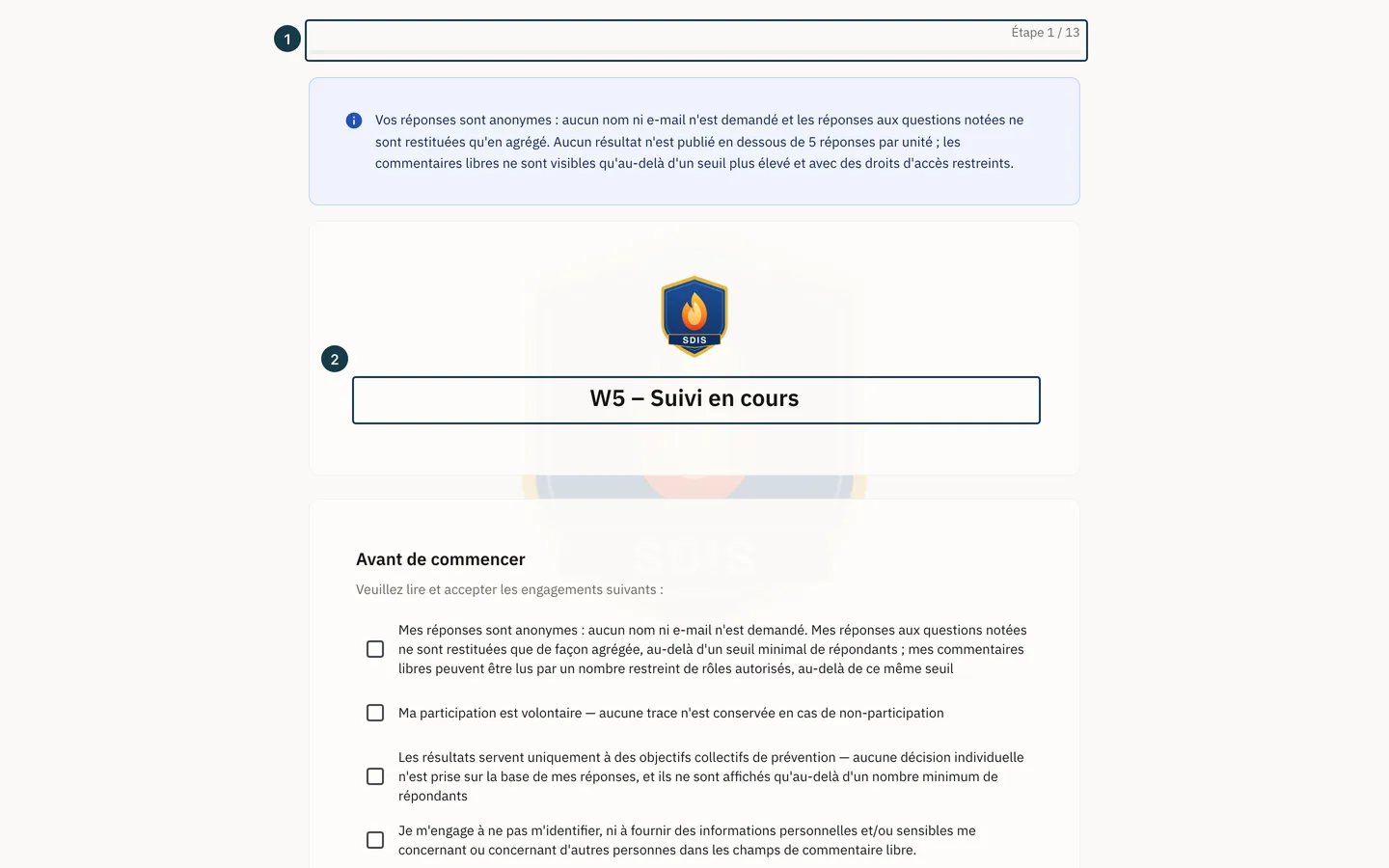 Écran du questionnaire : la barre de progression et le titre de la campagne