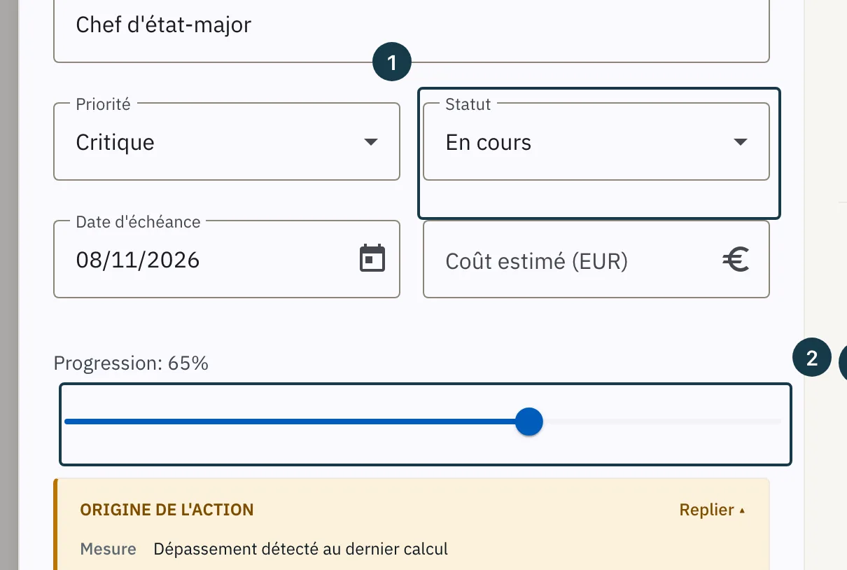 Écran d'un plan d'action : le champ « Statut » et le curseur de progression