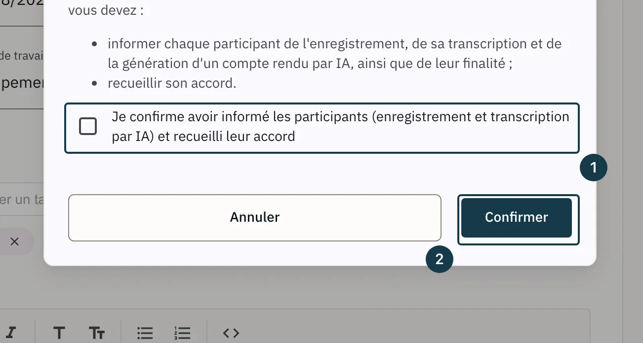 Écran d'un entretien : la fenêtre de confirmation avant l'enregistrement