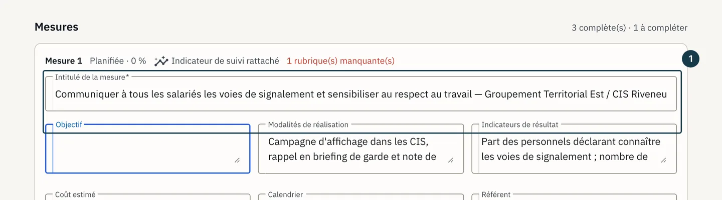 Écran « Programme annuel de prévention » : le champ « Intitulé de la mesure »