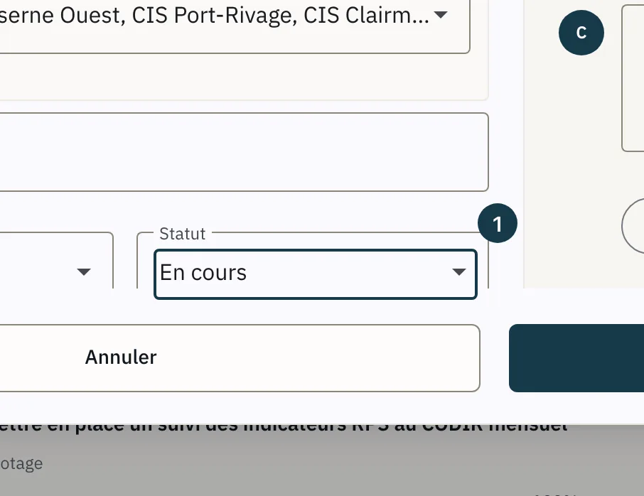 Écran d'un plan d'action : le champ « Statut » de la fenêtre de l'action