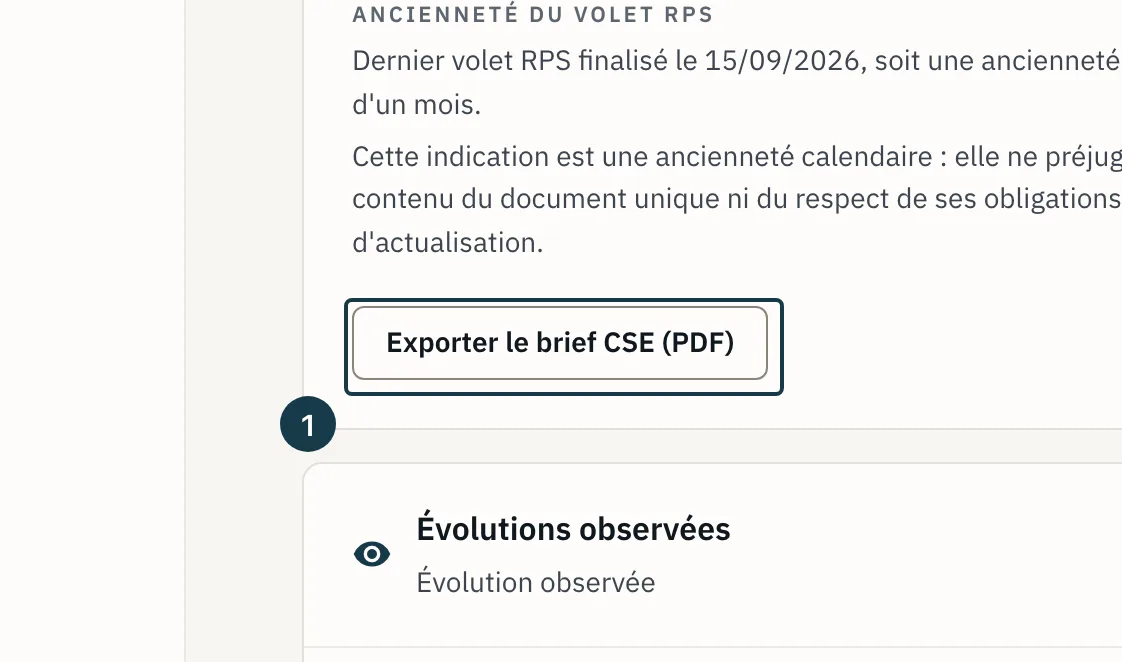 Écran « Cockpit » : le bouton « Exporter le brief CSE (PDF) » au pied de la carte