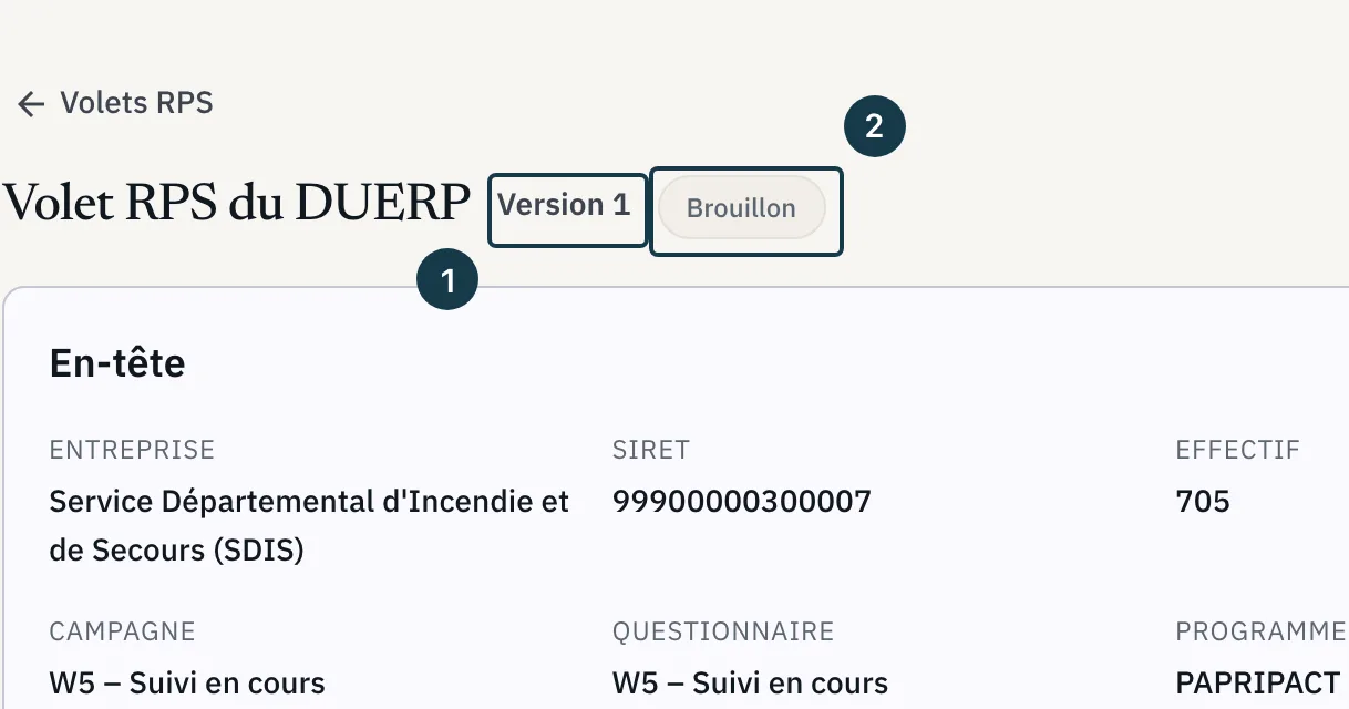 Écran du volet RPS : le badge « Brouillon » en tête de page