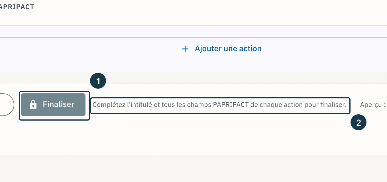 Écran du volet RPS : le bouton « Finaliser » et l'indication de blocage