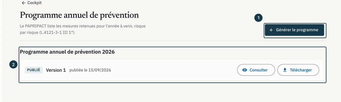 Écran « Programme annuel de prévention » : le bouton « Générer le programme » et la période publiée