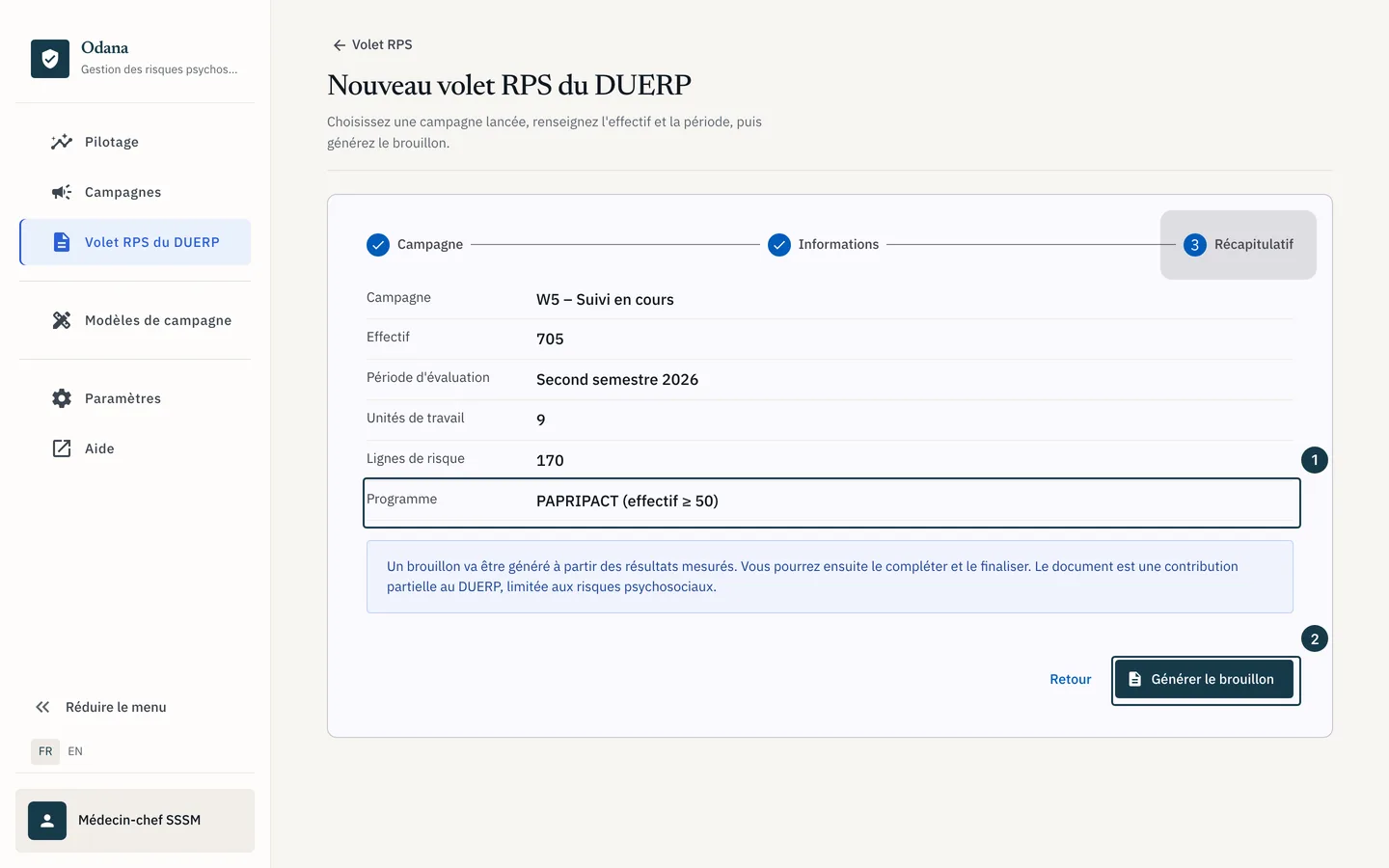 Écran «&nbsp;Nouveau volet RPS du DUERP&nbsp;»&nbsp;: le récapitulatif avant génération