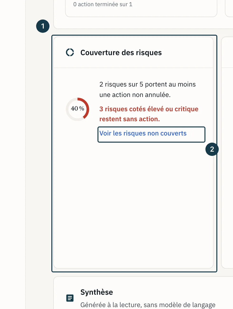 Écran « Cockpit » : le lien « Voir les risques non couverts » sur la tuile de couverture