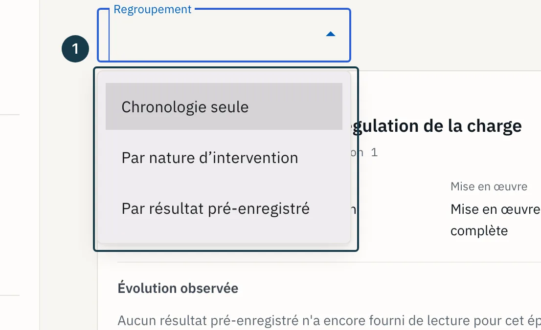 Écran « Casebook des interventions » : la liste « Regroupement » et ses valeurs