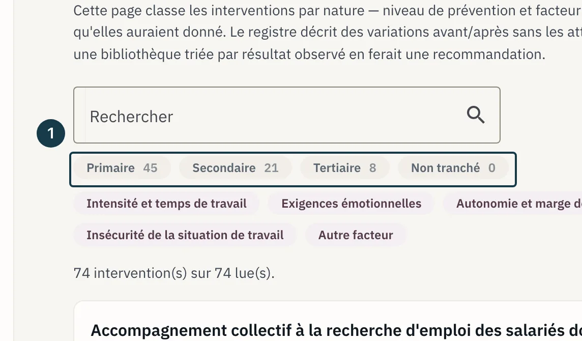 Écran «&nbsp;Bibliothèque d'interventions&nbsp;»&nbsp;: les filtres de niveau de prévention