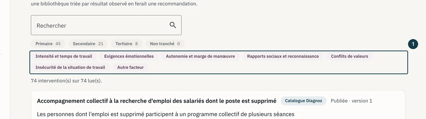 Écran «&nbsp;Bibliothèque d'interventions&nbsp;»&nbsp;: les filtres de facteur de risque traité