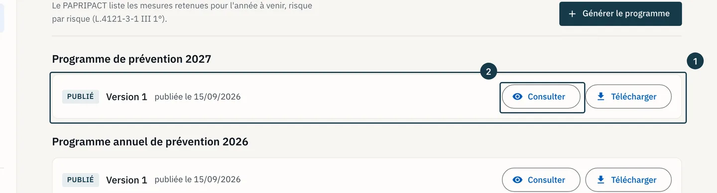 Écran « Programme annuel de prévention » : la ligne « Publié » d'une période
