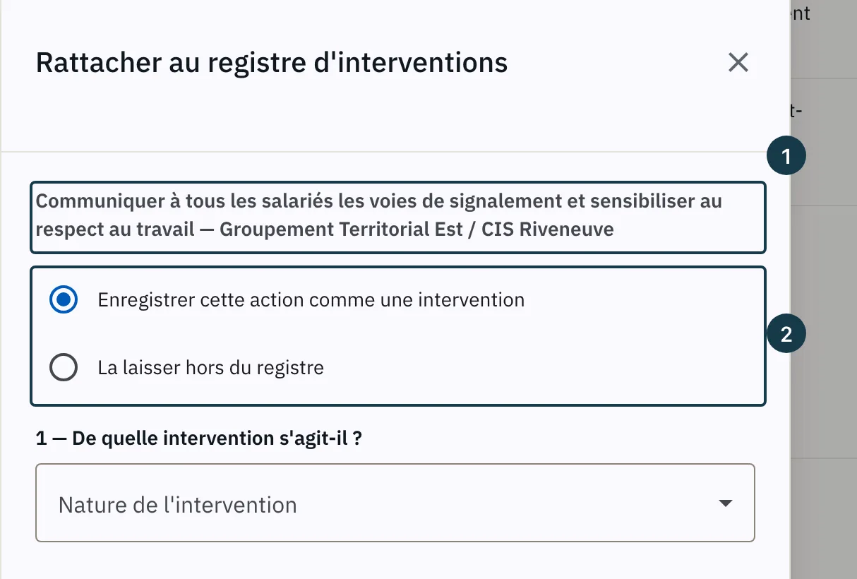 Écran « Actions transverses » : la fenêtre « Rattacher au registre d'interventions » et ses deux choix
