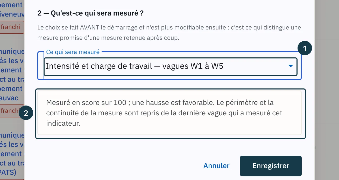 Écran « Actions transverses » : le deuxième temps de la fenêtre et la mesure retenue