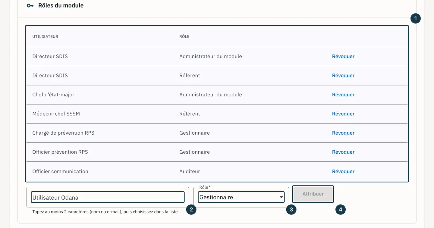 Écran «&nbsp;Administration&nbsp;»&nbsp;: la section «&nbsp;Rôles du module&nbsp;», son tableau et son formulaire