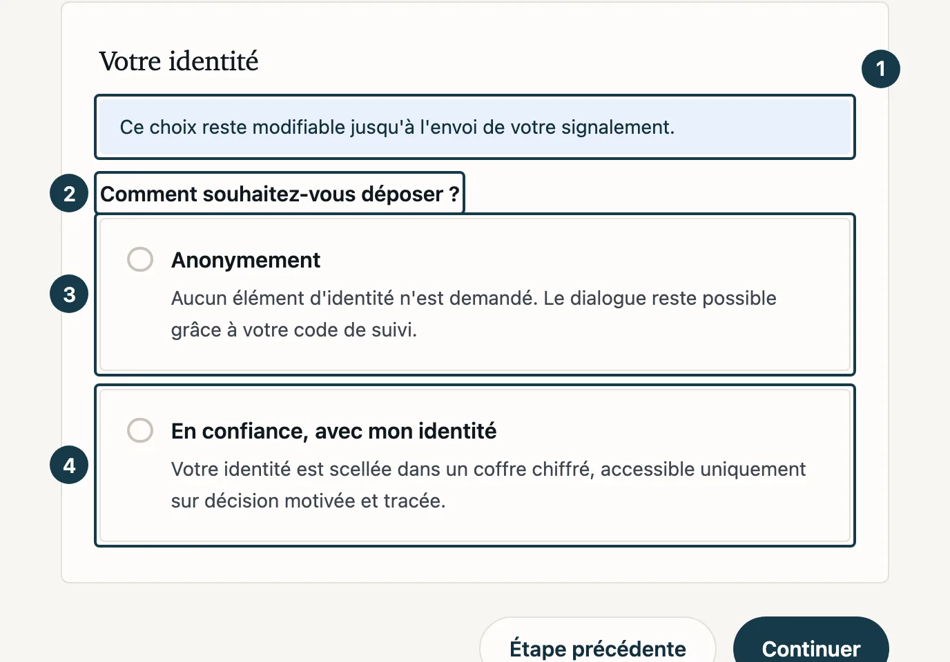 Écran du formulaire de dépôt&nbsp;: le rappel, la question du mode de dépôt et ses deux options