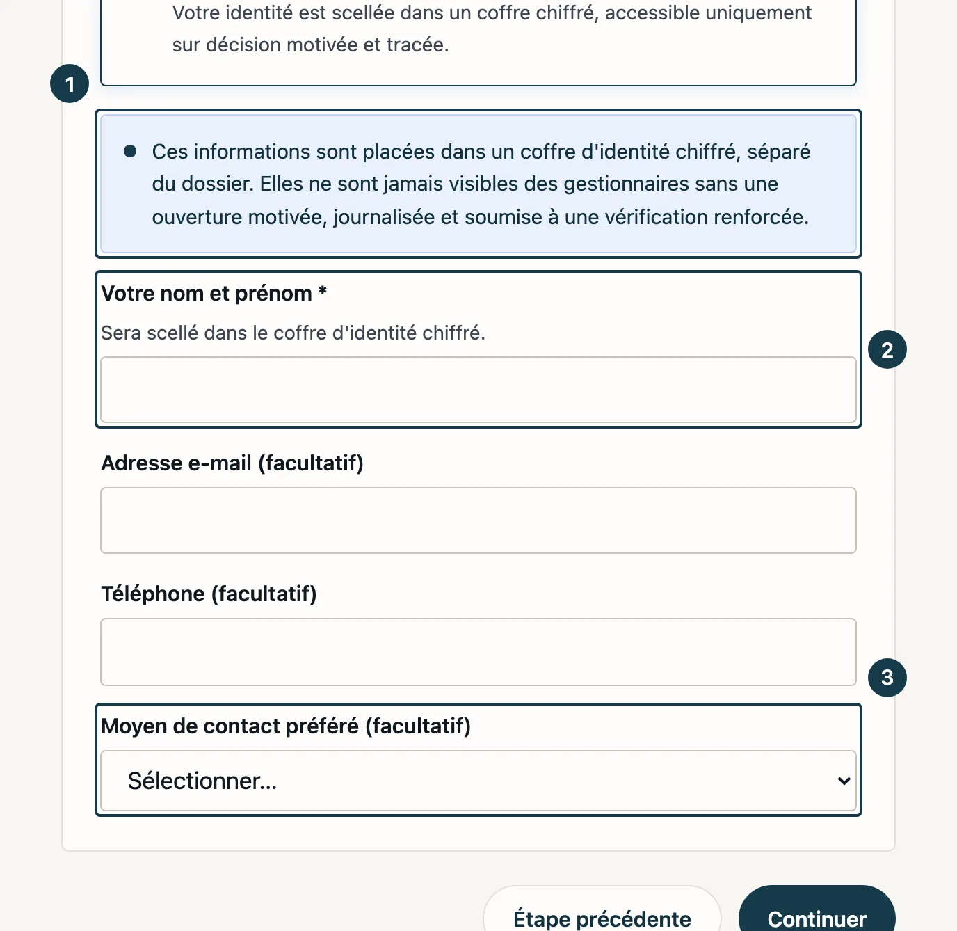 Écran du formulaire de dépôt&nbsp;: l'option confidentielle choisie et les champs d'identité
