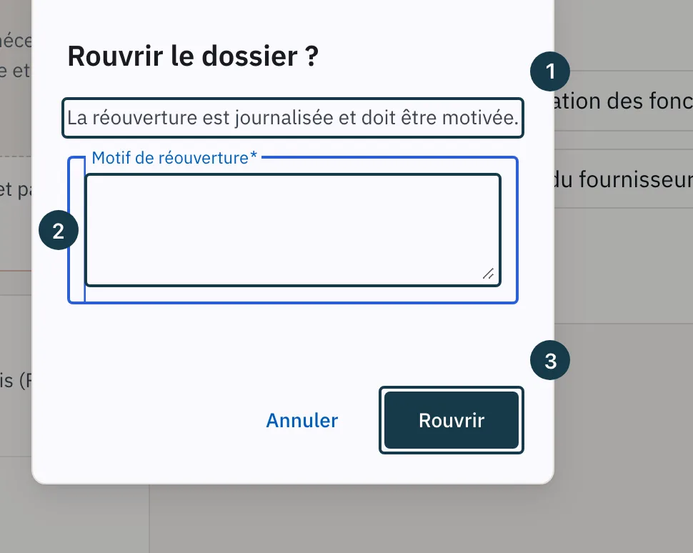 Écran d'un dossier&nbsp;: la fenêtre «&nbsp;Rouvrir le dossier&nbsp;?&nbsp;» et son champ de motif