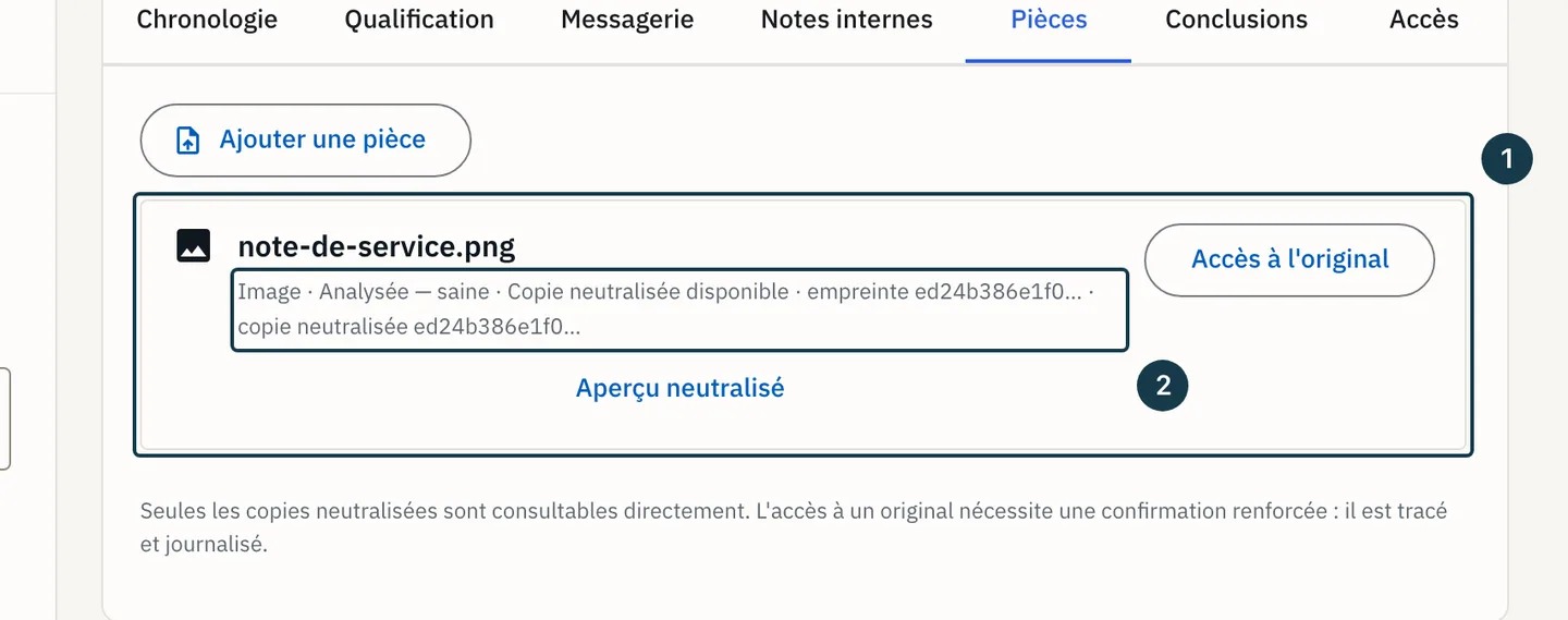 Écran du dossier : la ligne de la pièce déposée et ses métadonnées