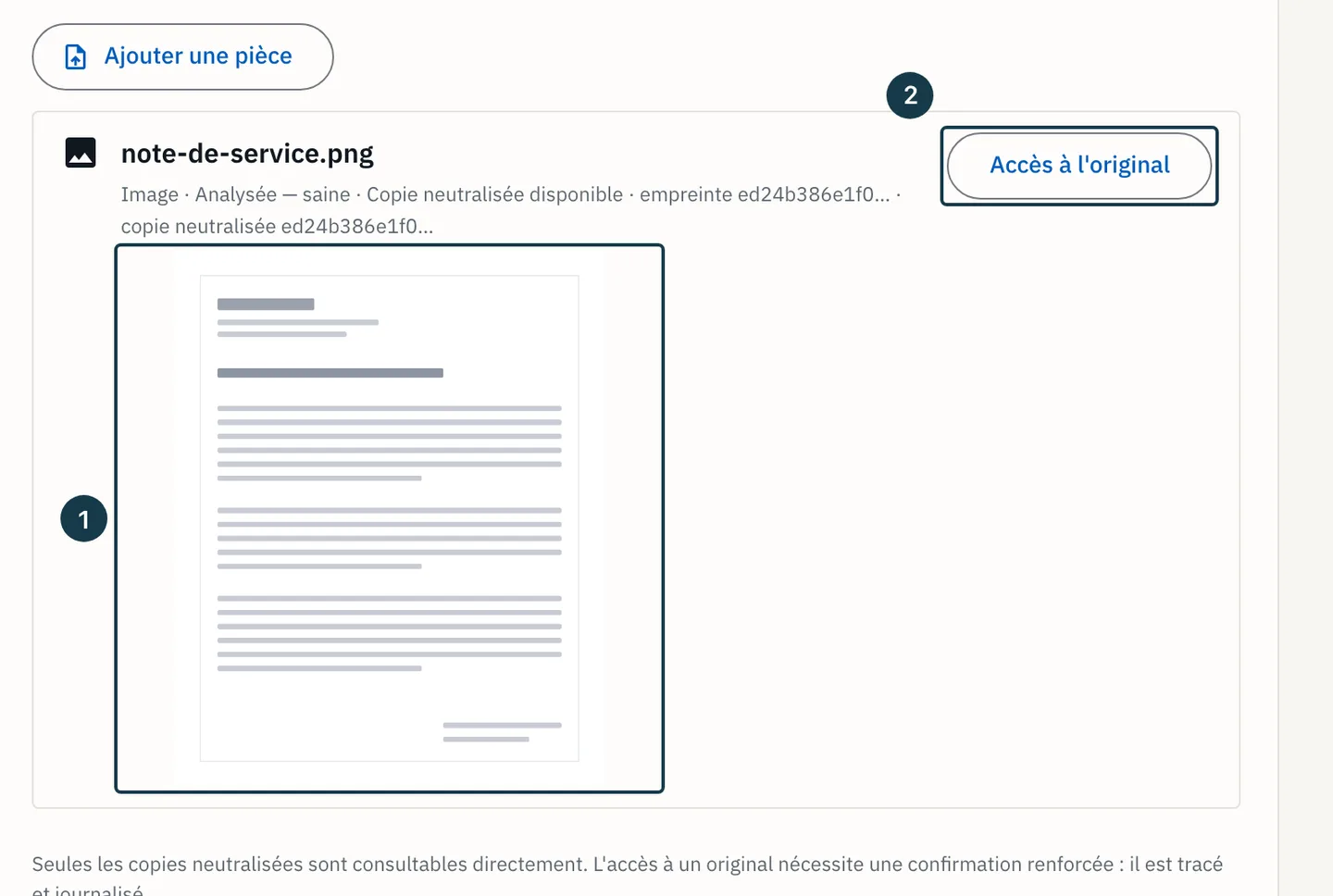 Écran du dossier : la copie neutralisée affichée dans la ligne de la pièce