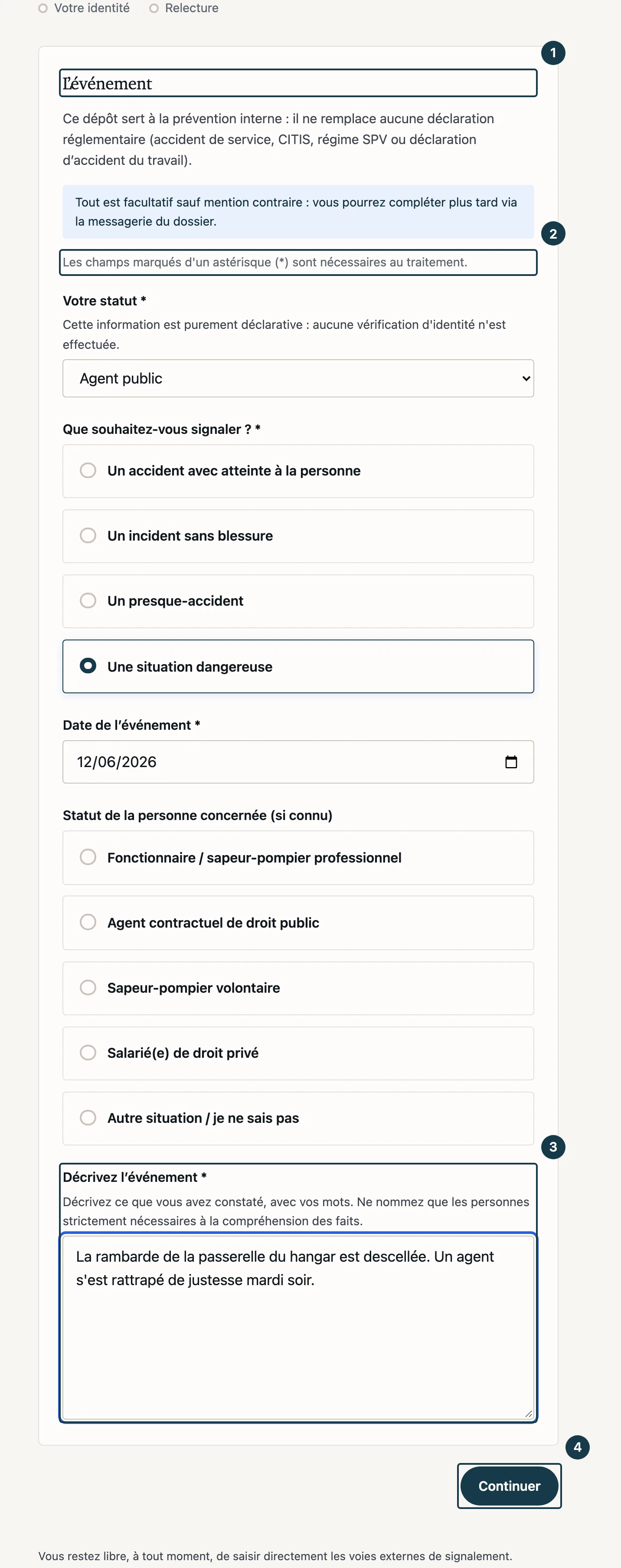 Écran du formulaire de dépôt&nbsp;: le titre de l'étape, la légende des astérisques et les questions