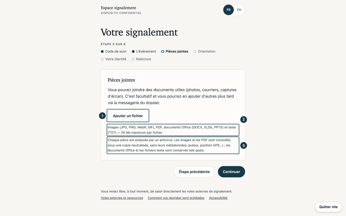 Écran du formulaire de dépôt&nbsp;: la carte des pièces jointes et son bouton d'ajout