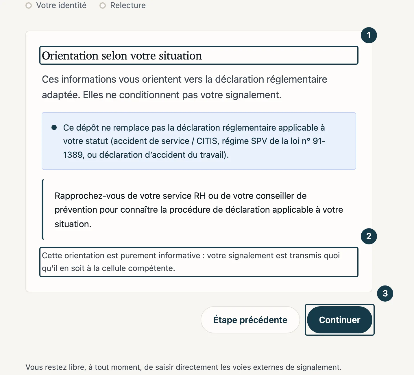 Écran du formulaire de dépôt&nbsp;: l'étape d'orientation et sa note de fin