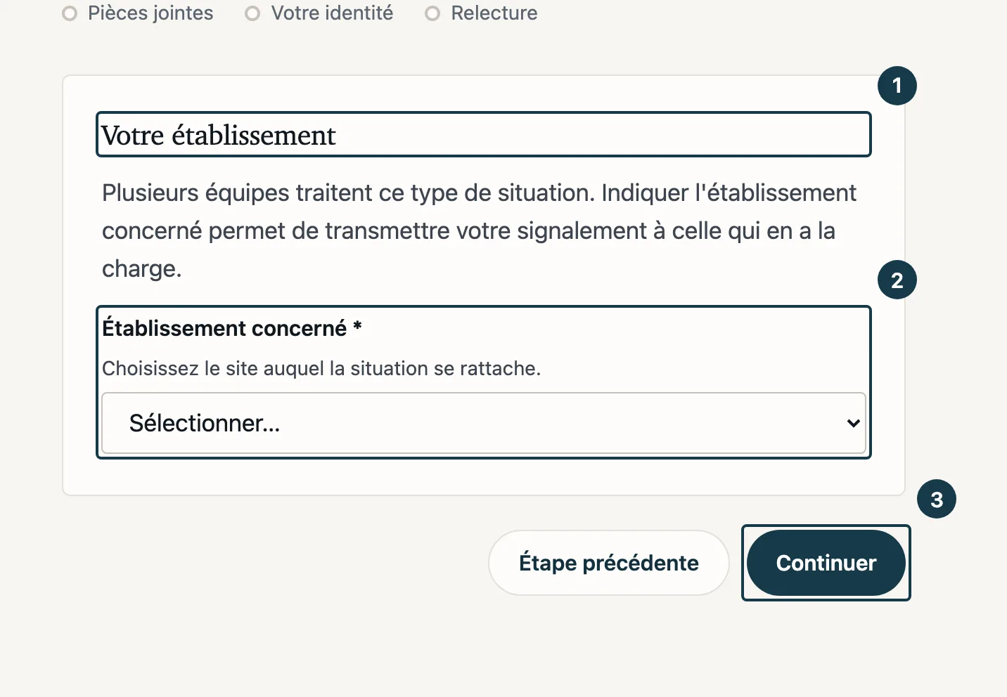 Écran du formulaire de dépôt&nbsp;: l'étape «&nbsp;Établissement&nbsp;» et sa liste de sites