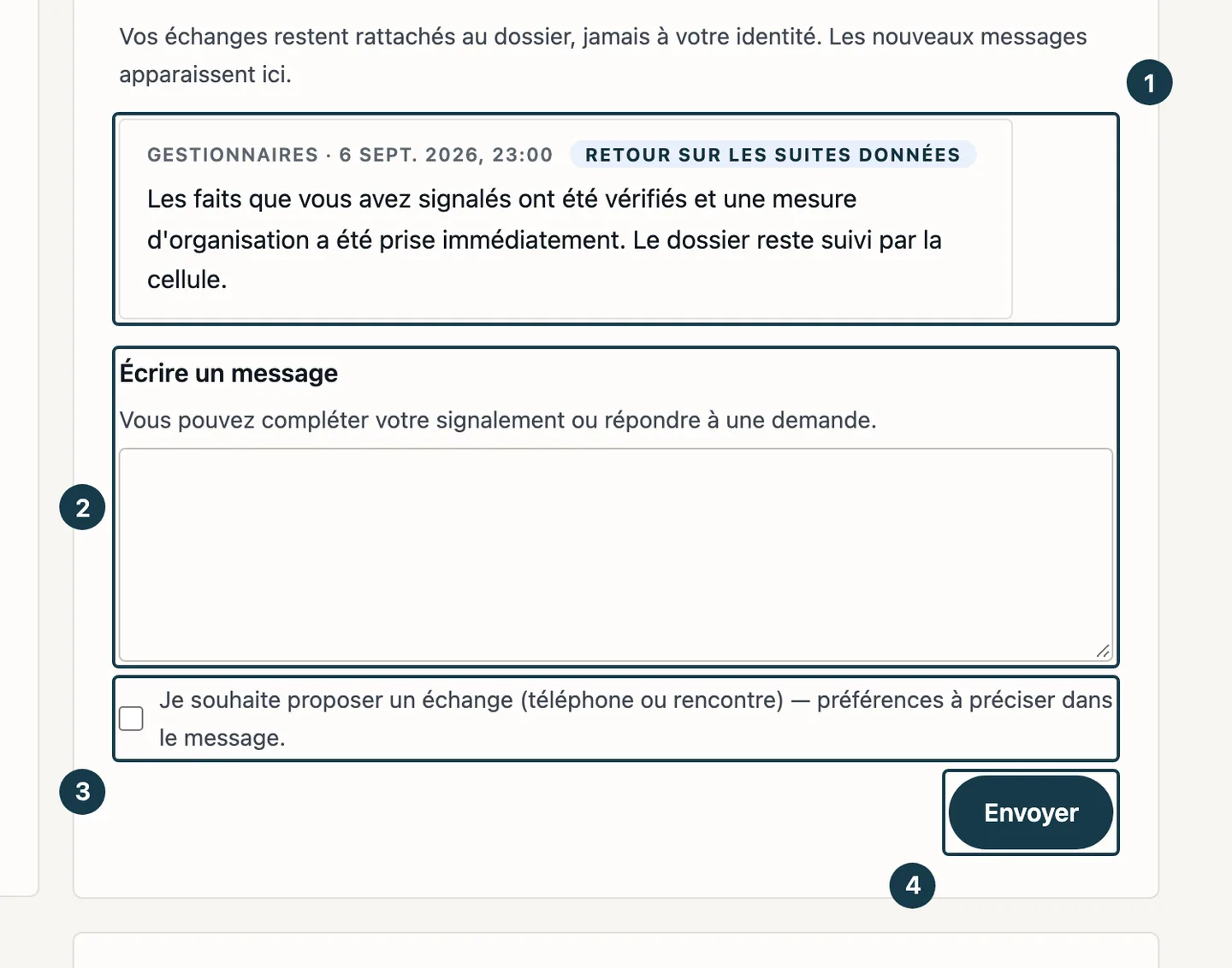 Écran du dossier : le fil des messages, la zone de saisie et le bouton d'envoi