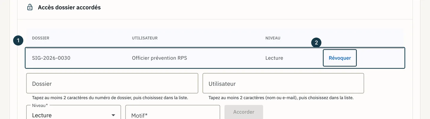 Écran «&nbsp;Administration&nbsp;»&nbsp;: la ligne d'accès créée et son bouton «&nbsp;Révoquer&nbsp;»