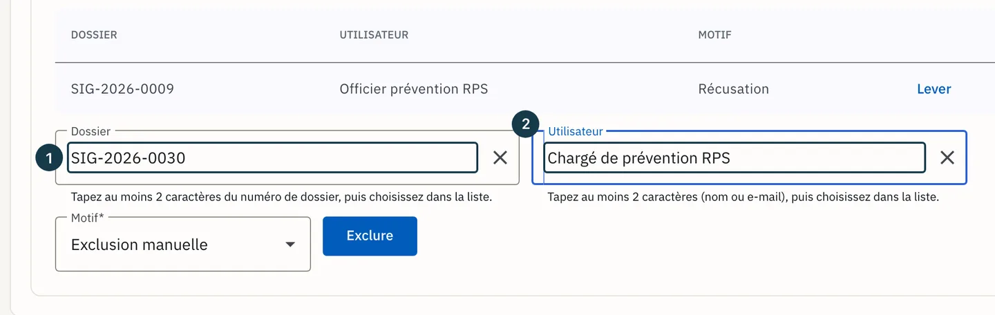 Écran «&nbsp;Administration&nbsp;»&nbsp;: le formulaire d'exclusion, dossier et personne choisis