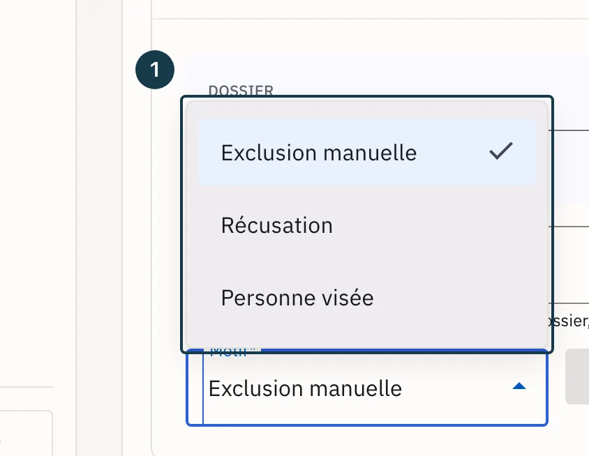 Écran «&nbsp;Administration&nbsp;»&nbsp;: la liste des motifs d'exclusion